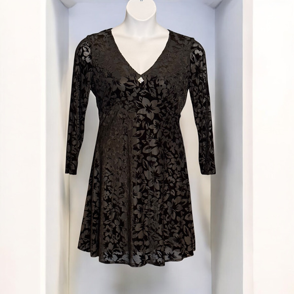 Vintage Black Cocktail Dress Sz 14 Summer Nites Swing Burnout Velvet Y2K V Neck - Picture 1 of 7